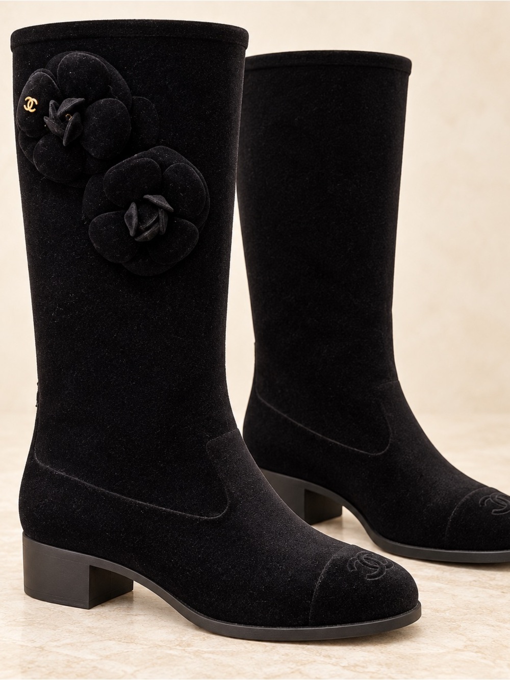 CHANEL Black Camellia All Weather Tall Boots Size 38 Authentic